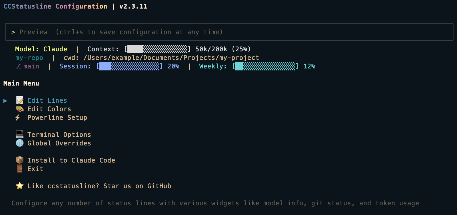 ccstatusline setup screen